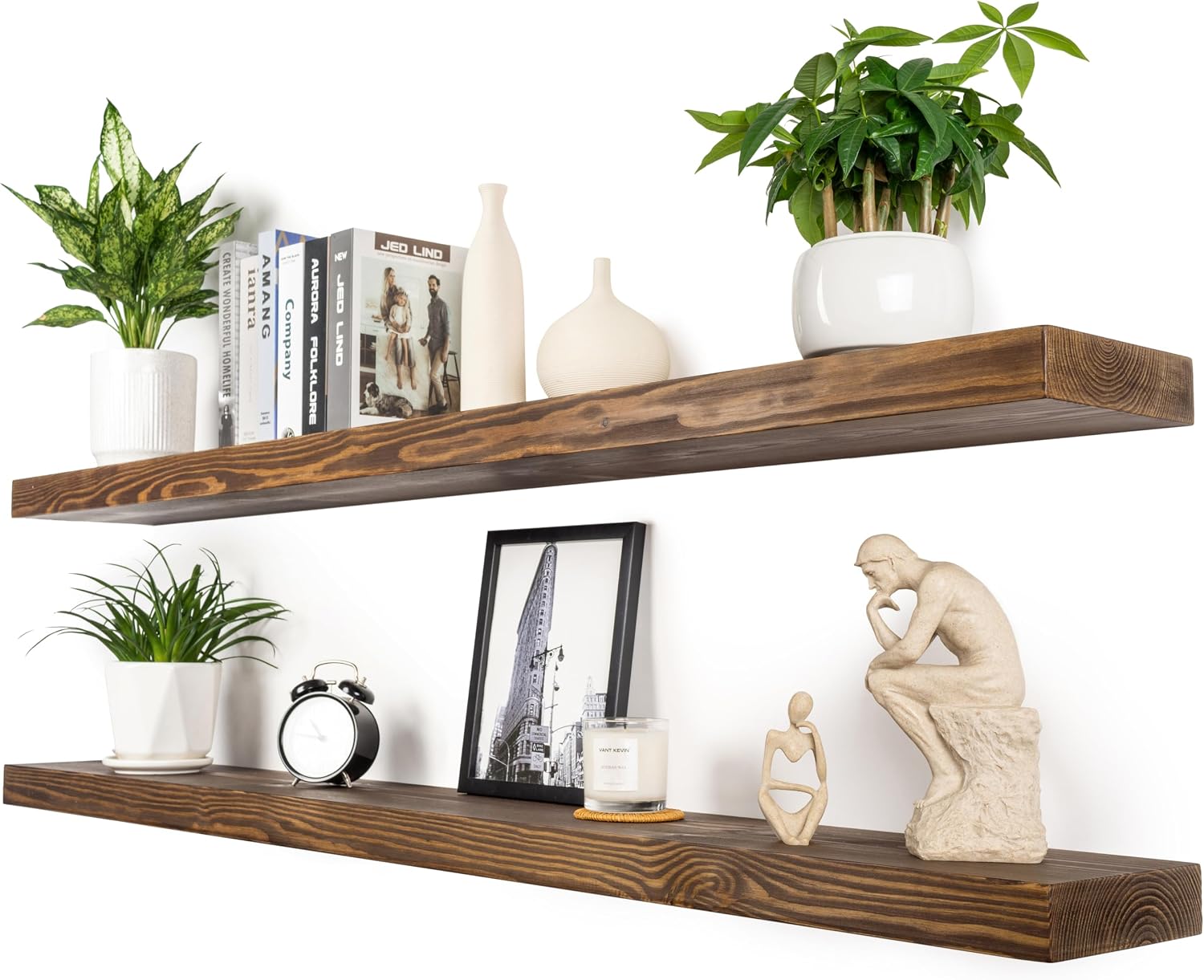XWNE 60 Inch Solid Wood Floating Shelves, Set of 2, Rustic Walnut