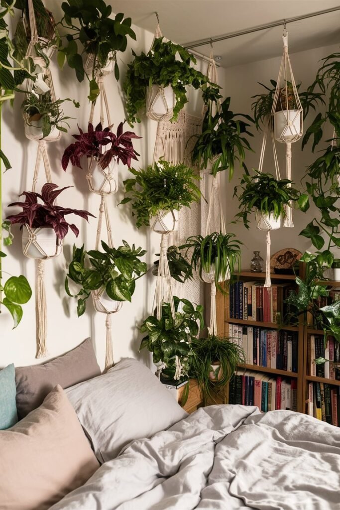 Hanging plants and macrame planters styled on a bedroom wall
