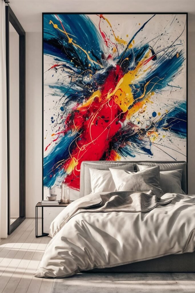 Oversized abstract art piece in a contemporary bedroom