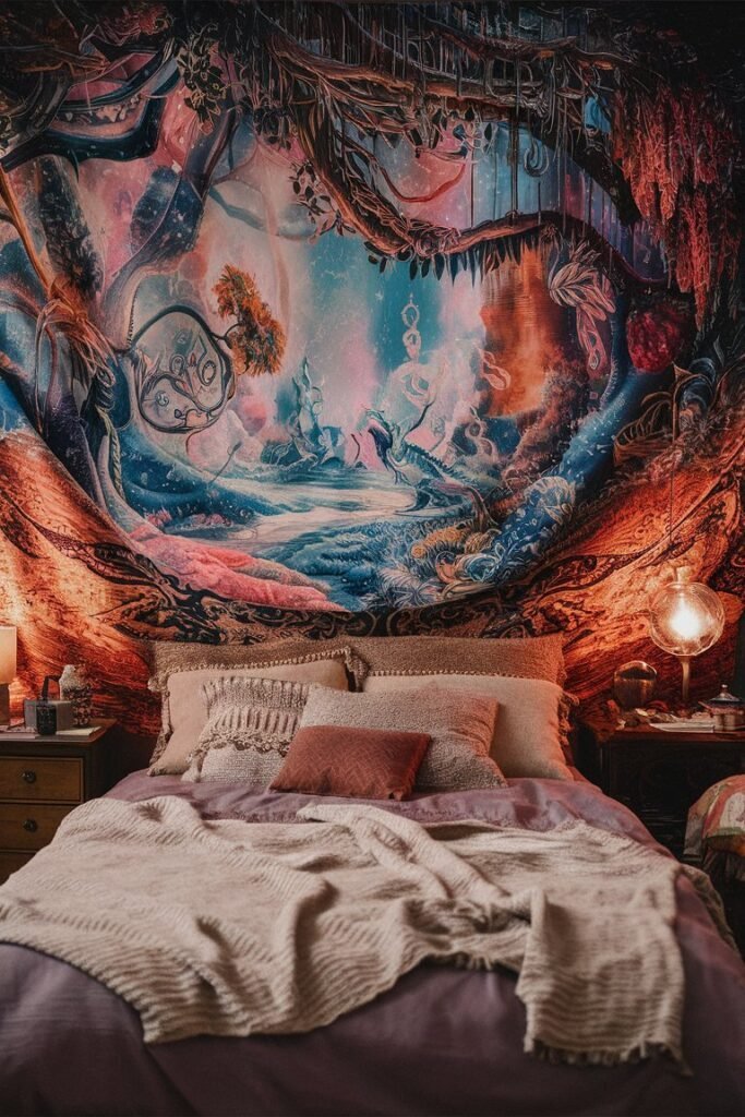 Boho tapestry hung on a bedroom wall for texture and warmth