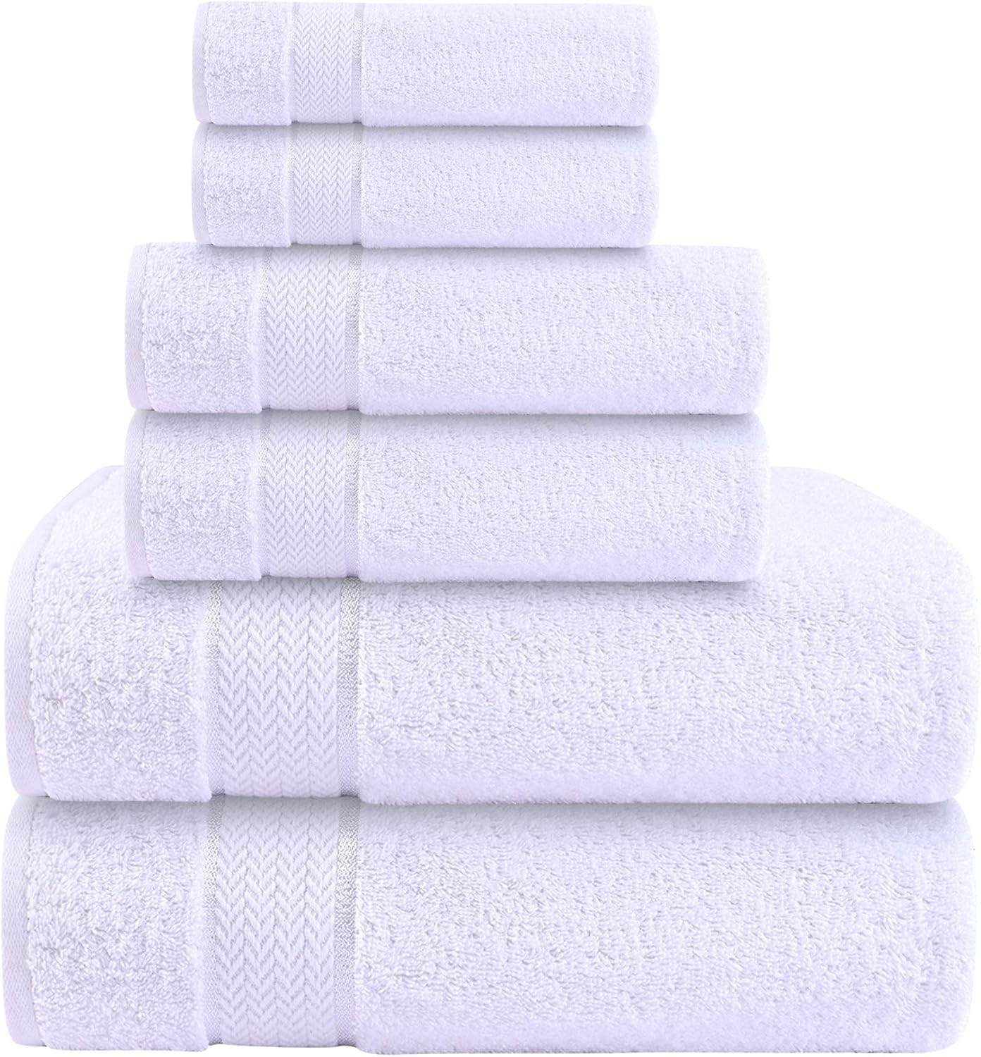 6 Piece 100% Cotton Bath Towel Set, 2 Bath, 2 Hand, 2 Face, White