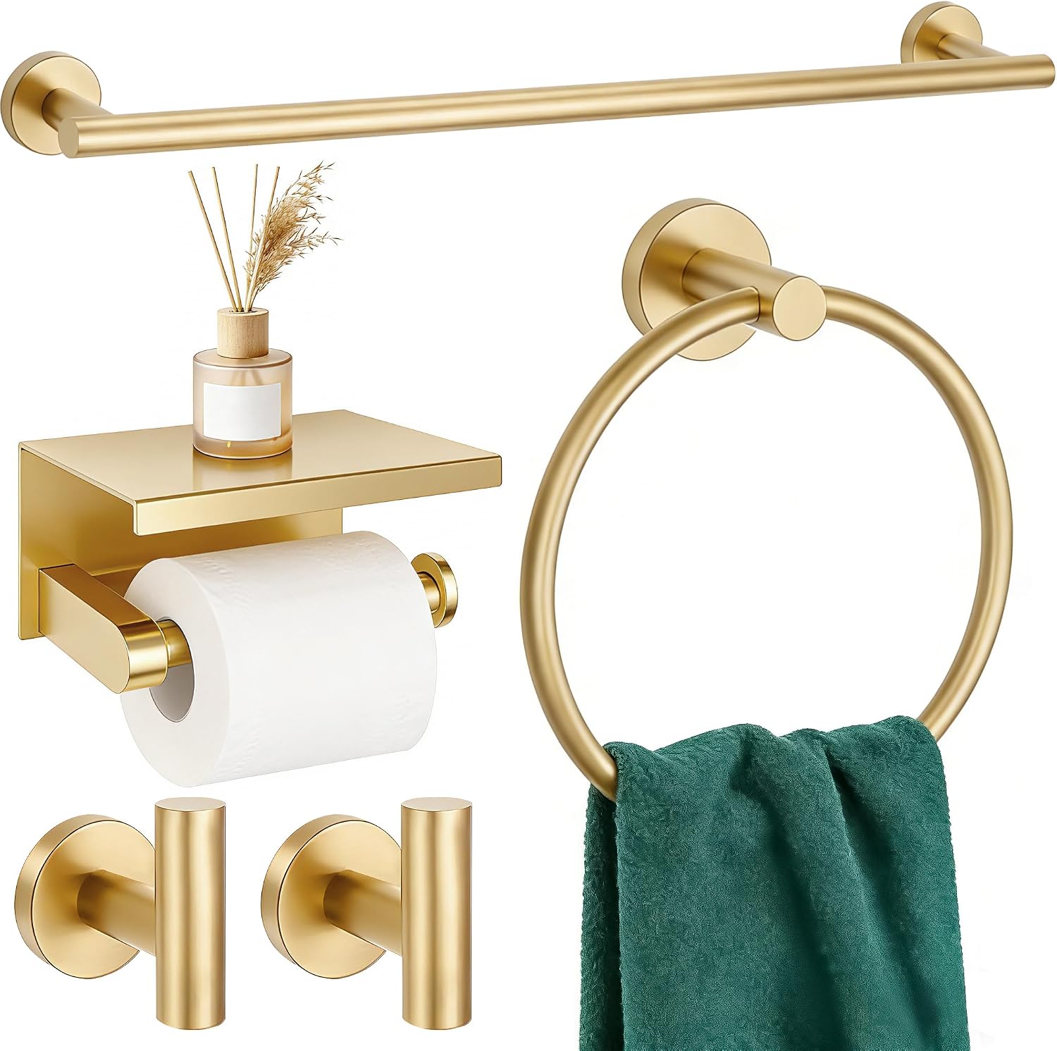 5 Pieces Bathroom Hardware Accessories Set, Brushed Gold, 24 Inch Towel Rack