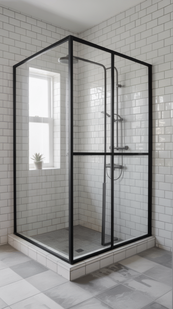 A sleek black shower frame defining a full bathroom's modern look