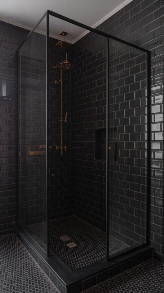 Textured black tile adding depth to a full bathroom's wet areas