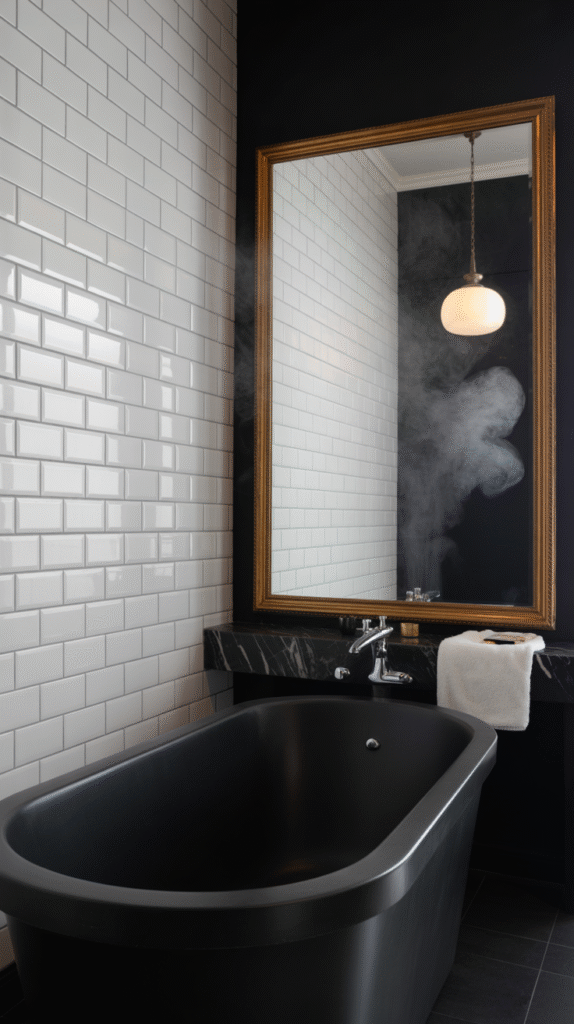 Black accent wall bringing drama without overwhelming the bathroom