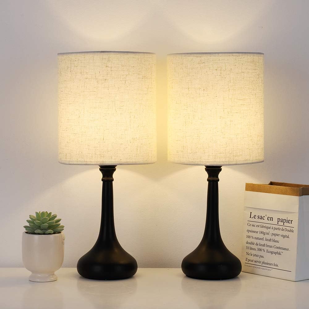 Bedside Table Lamps Set of 2 with Black Base and Fabric Shades