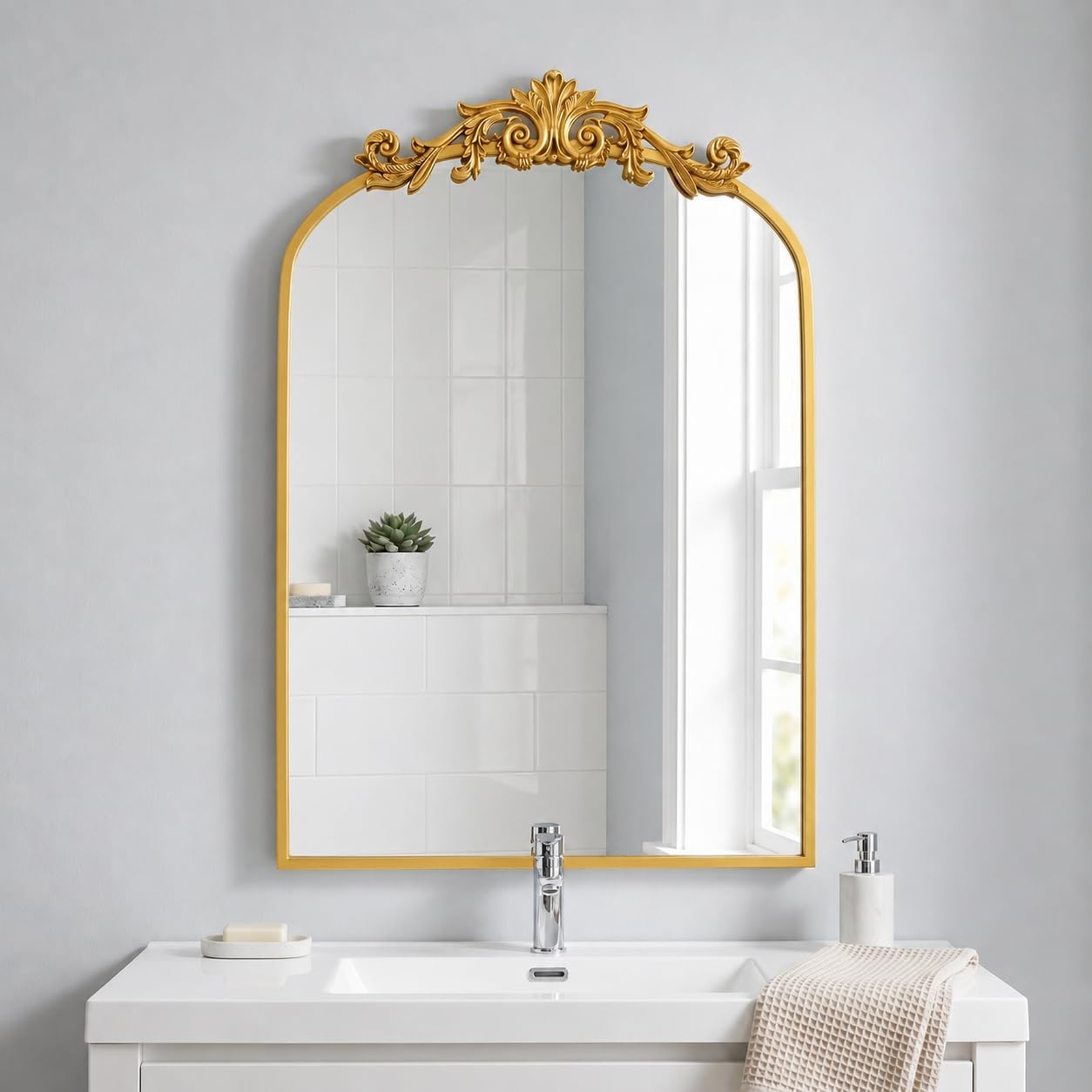 BEAUTYPEAK 20x30 Arched Gold Baroque Wall Mirror