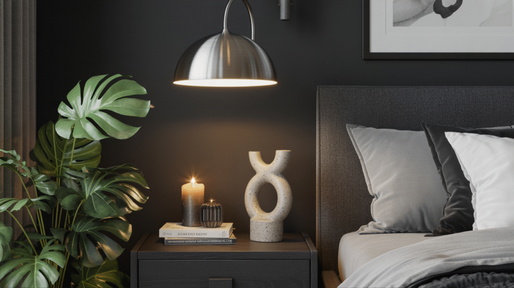 Carefully chosen accents adding personality to a black bedroom
