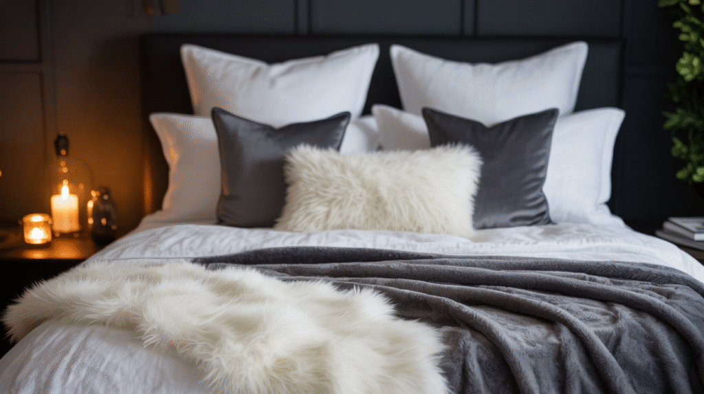 Soft layered bedding softening a bold black bedroom