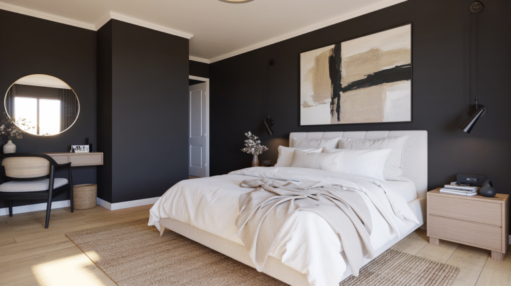 Black bedroom balanced with light contrasting elements