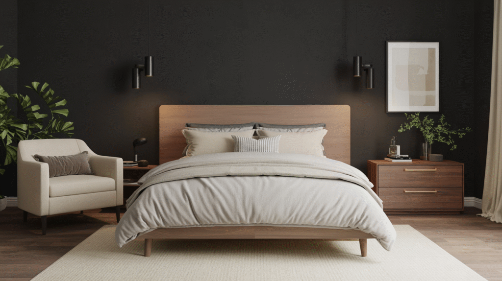 Warm wood furniture complementing black bedroom walls