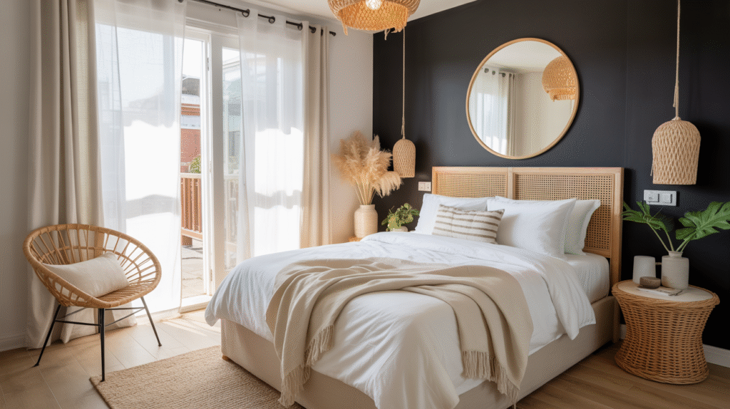 Warm layered lighting transforming the mood of a black bedroom