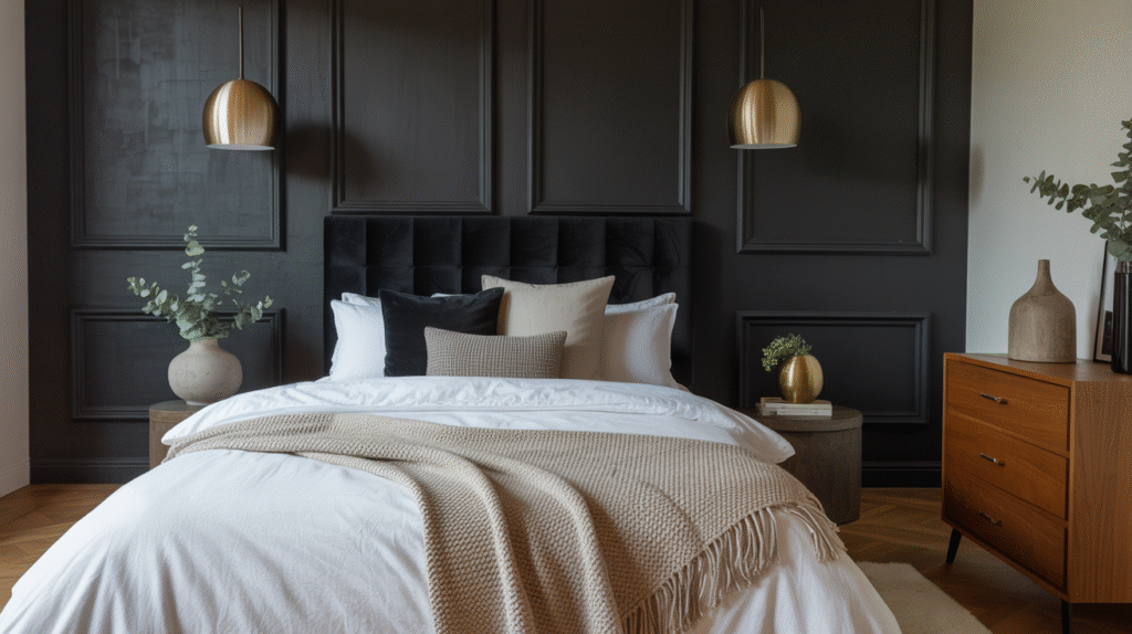 Black bedroom demonstrating that dark walls can work in any size space
