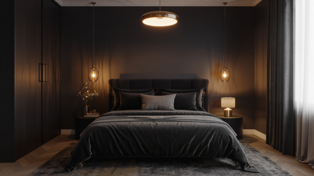 Testing different shades of black paint for a bedroom wall