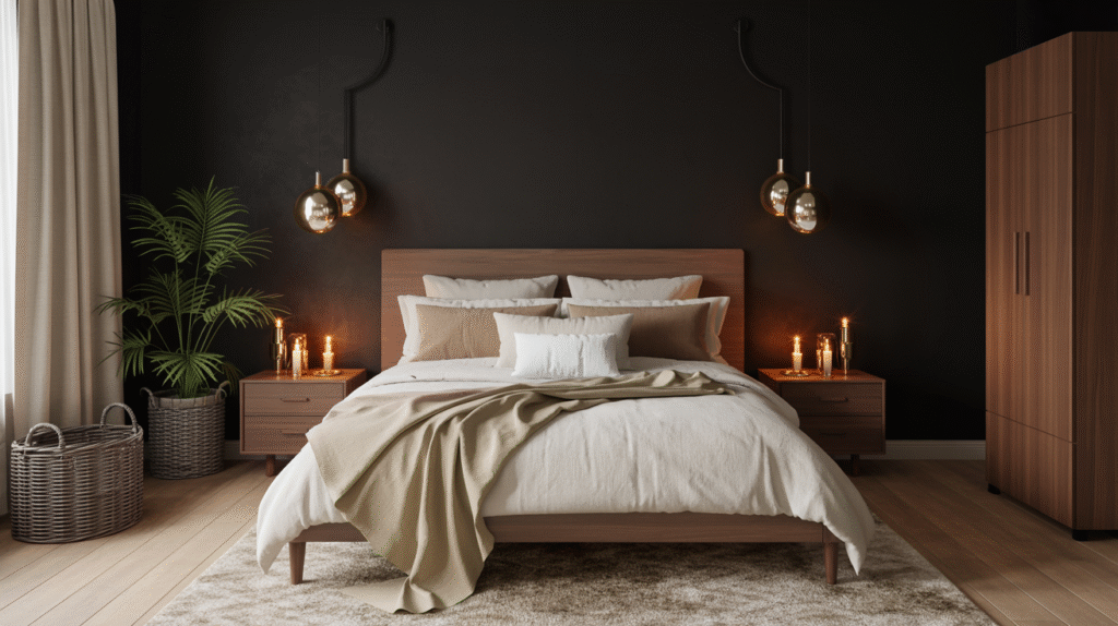 Warm elements balancing the drama of a black bedroom