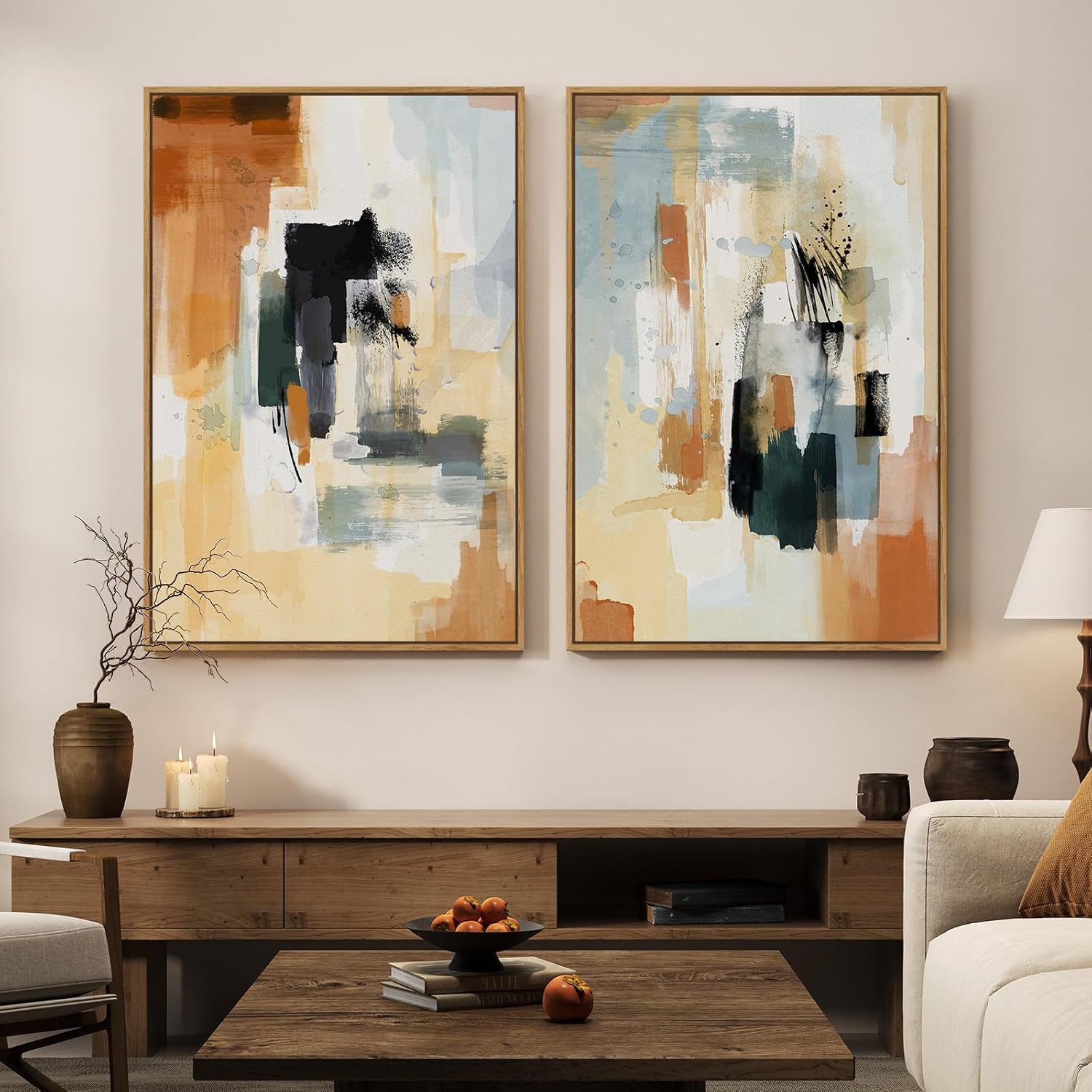 Large Framed Neutral Abstract Wall Art Set of 2 for Living Room, 24x36 In