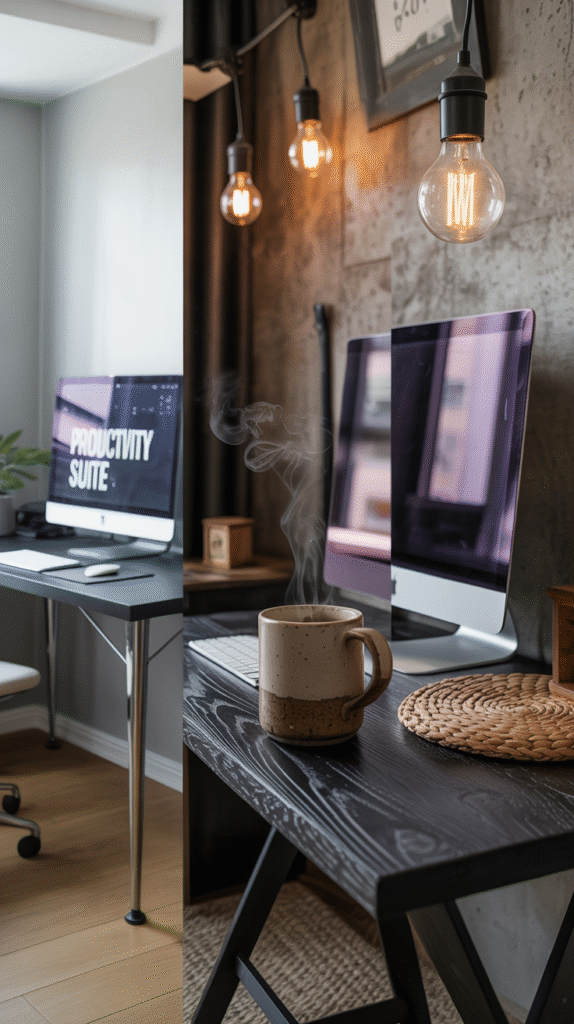 Black desk style defining the home office's overall direction
