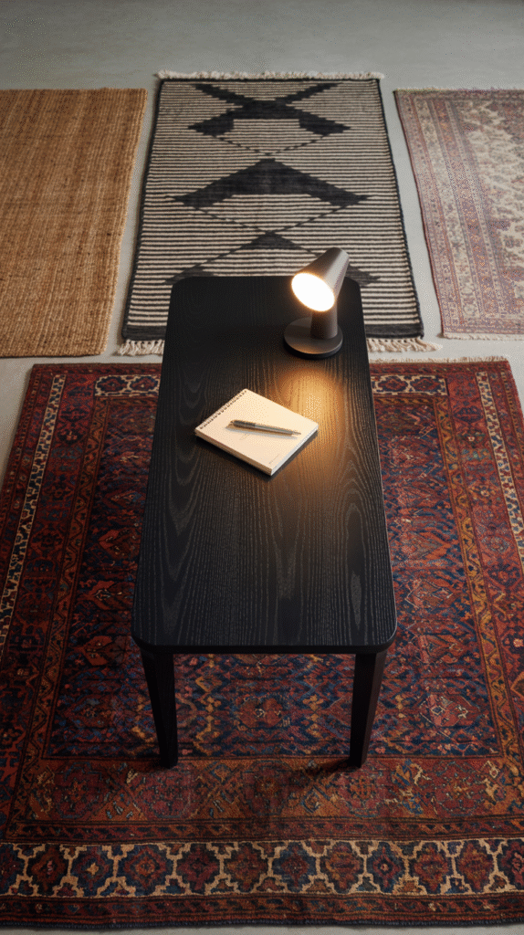 A grounding rug tying the black desk setup together cohesively