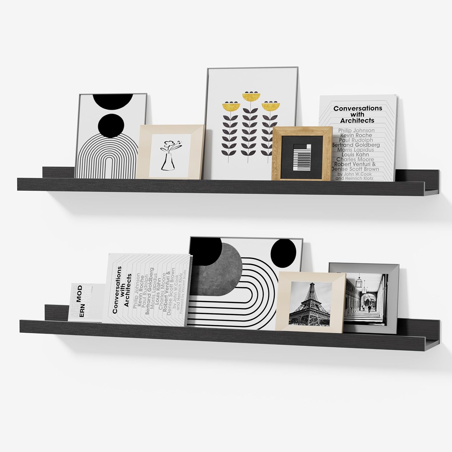 Black Floating Shelves with Lip, 36 Inch, Set of 2, Picture Ledge