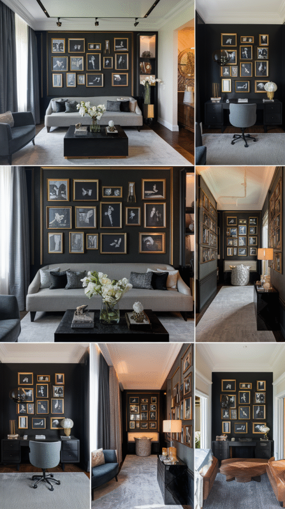 Personal black and white photos mixed into a black and gold gallery wall