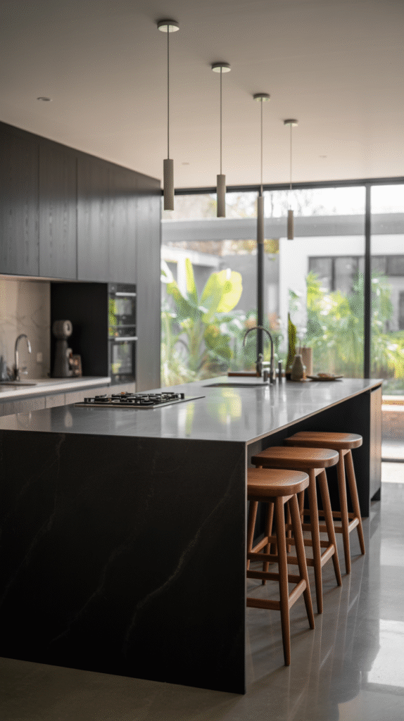 Black kitchen island serving as a bold central focal point
