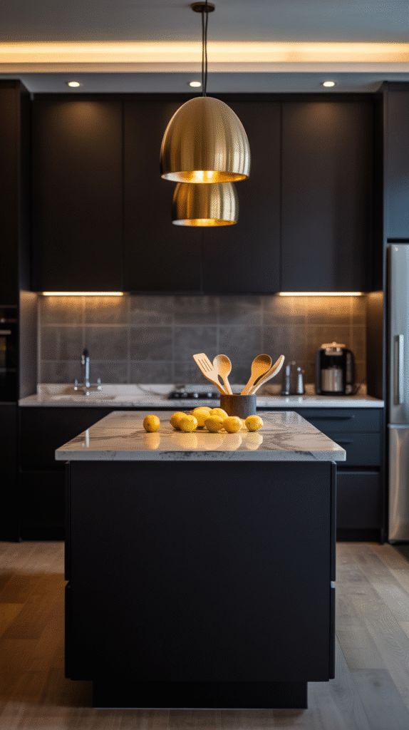 Layered lighting essential for making a black kitchen feel bright