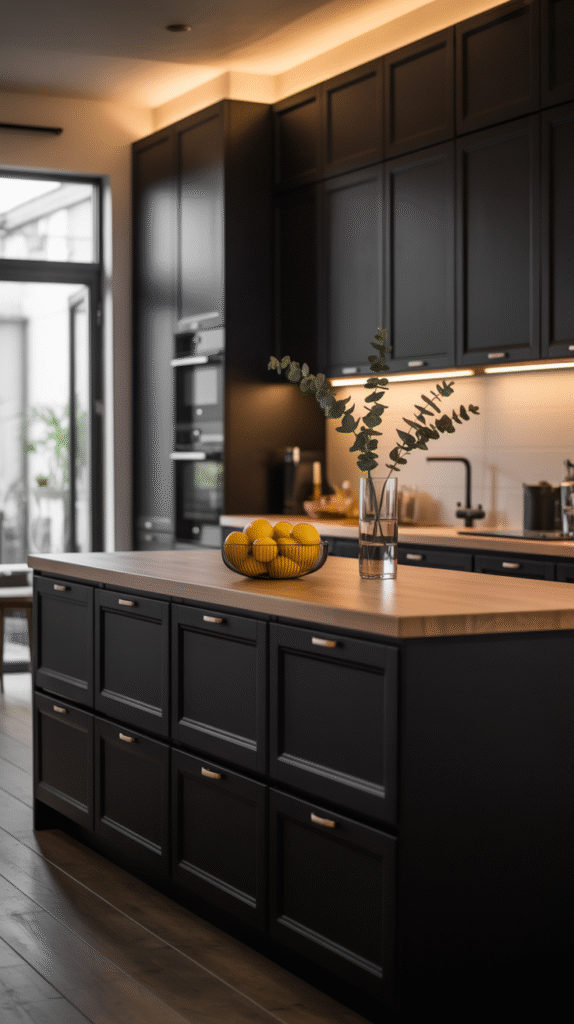 Black kitchen interior showing why the bold look remains popular