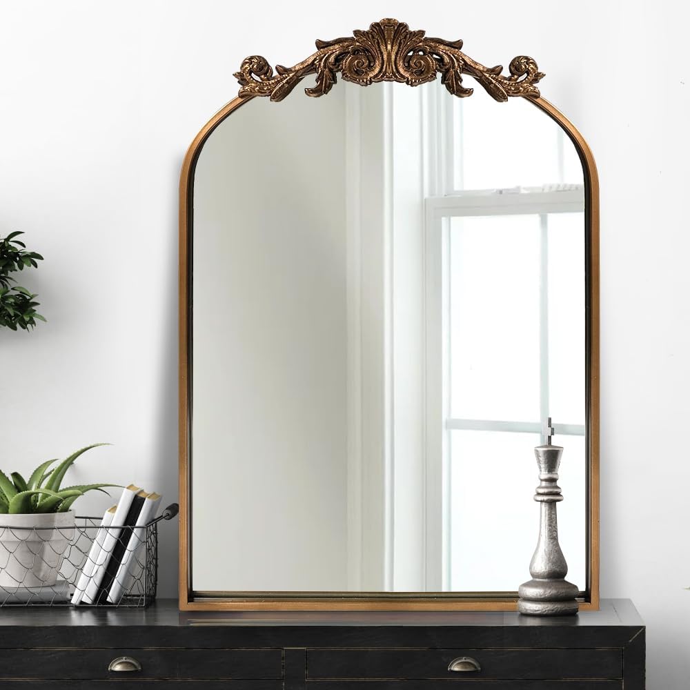 OUSHUAI Gold Traditional Vintage Ornate Baroque Mirror, Gold Brass Mirror for Wall