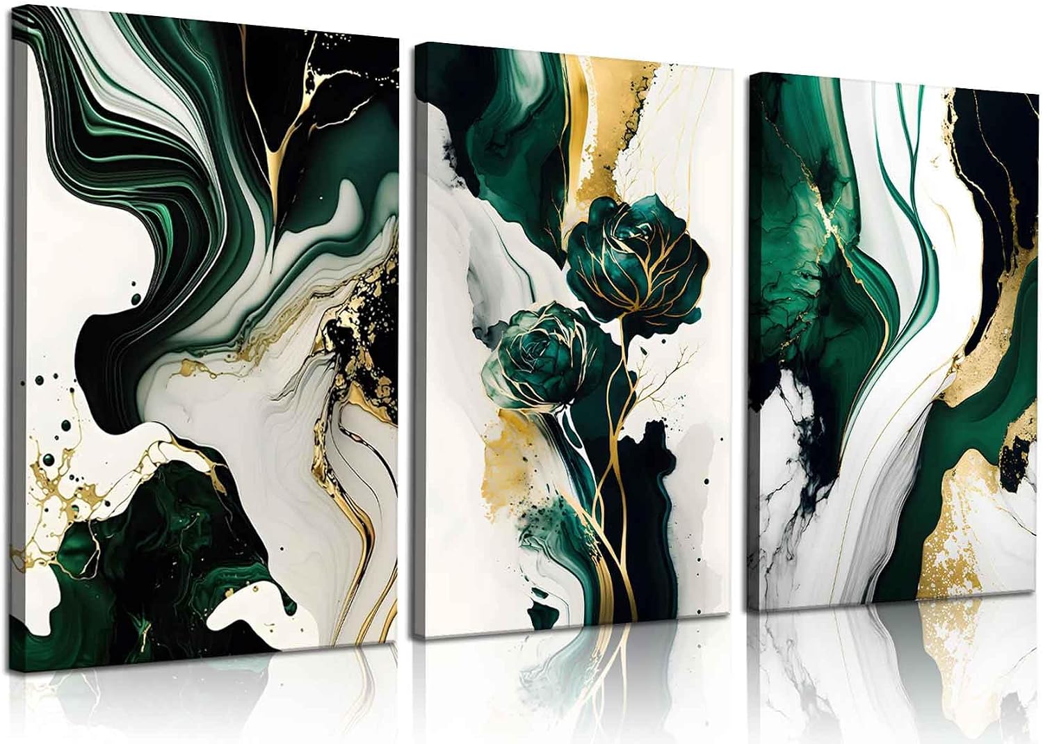 3-Piece Framed Emerald Green and Gold Abstract Canvas Wall Art