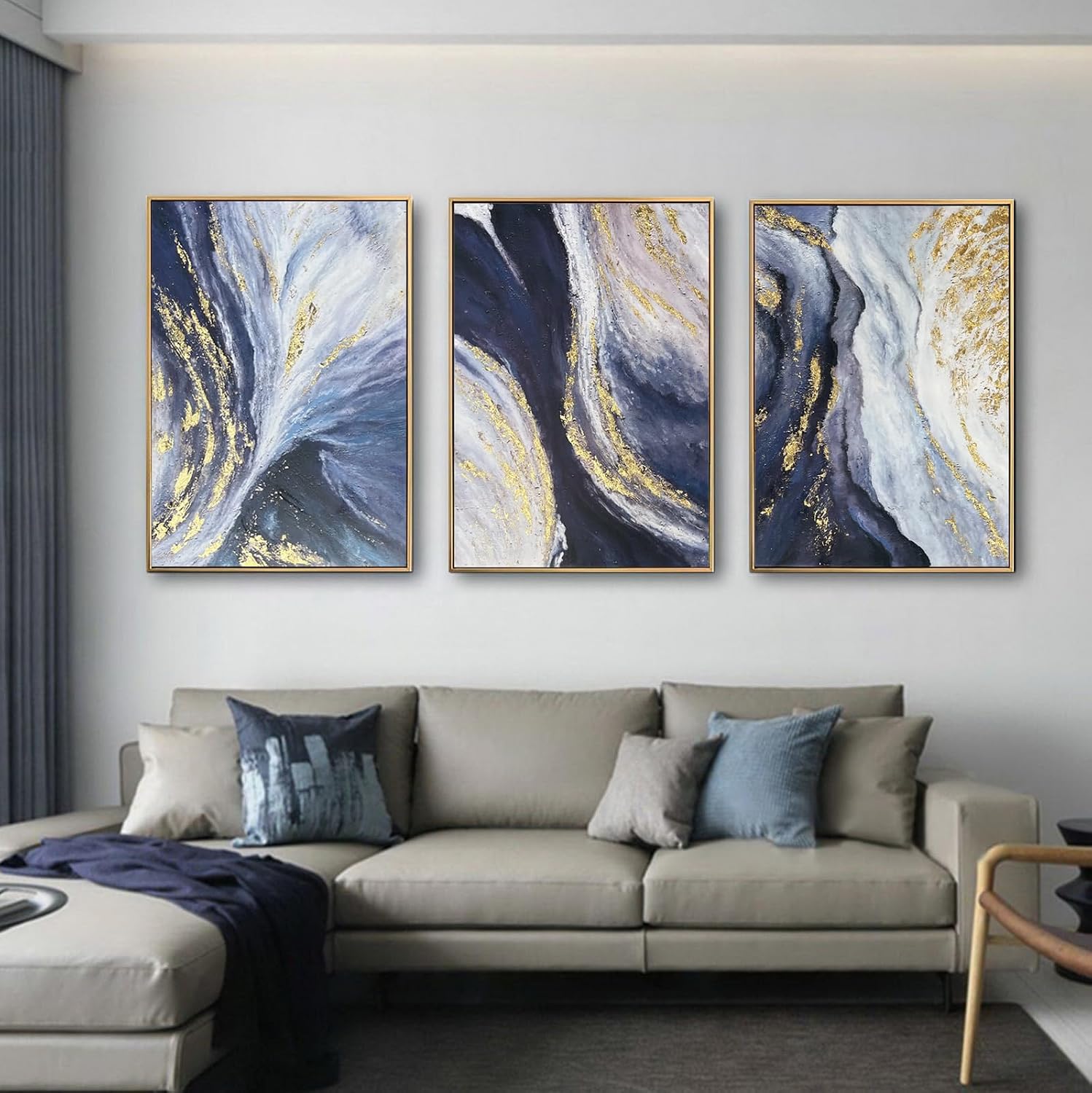 3-Piece Blue and Gold Abstract Framed Wall Art