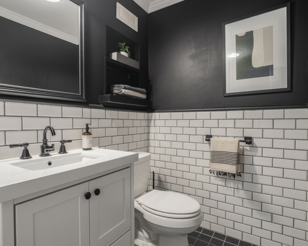 Modern powder room using sharp black-and-white contrast