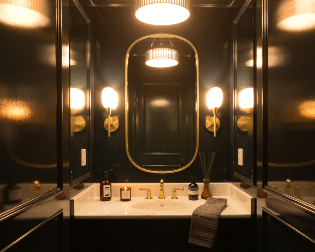 Black powder room with a bold statement light fixture