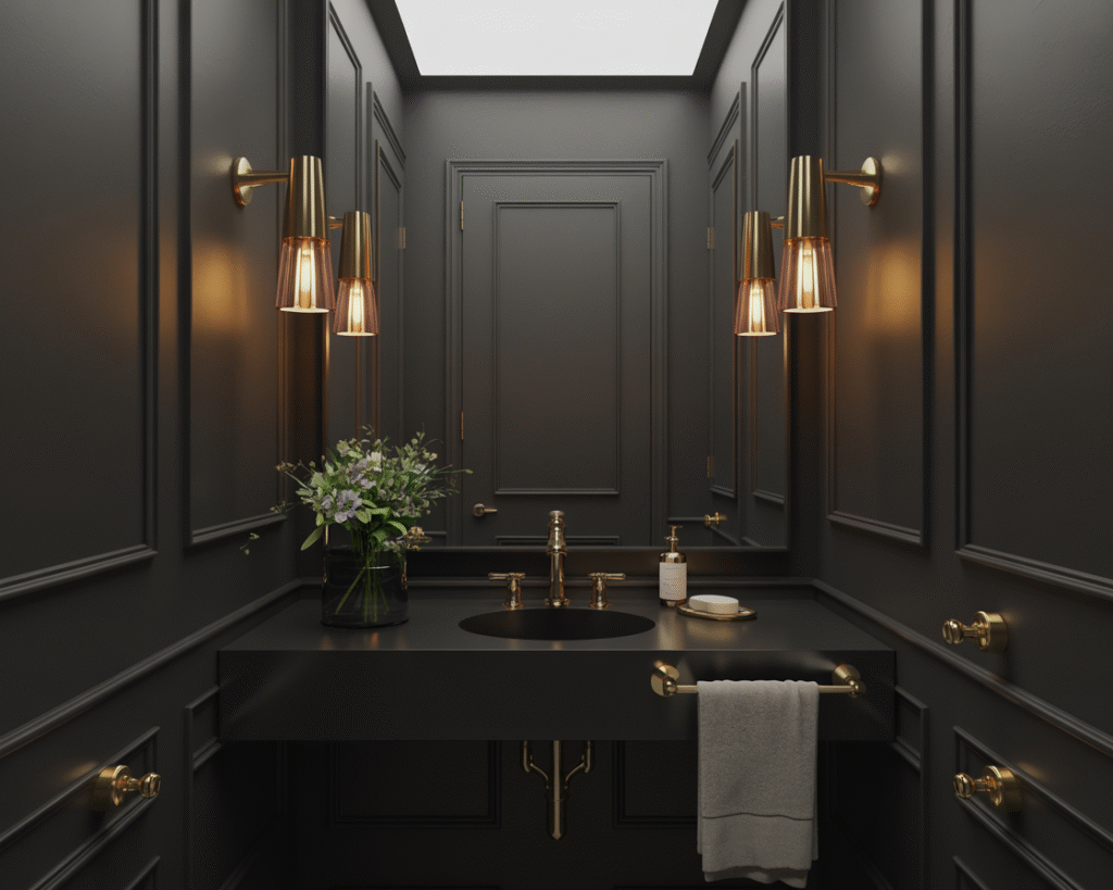 Glamorous black powder room with an oversized statement mirror