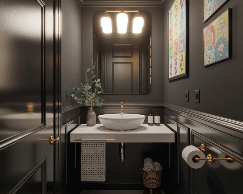 Black powder room showing key design considerations like lighting and materials
