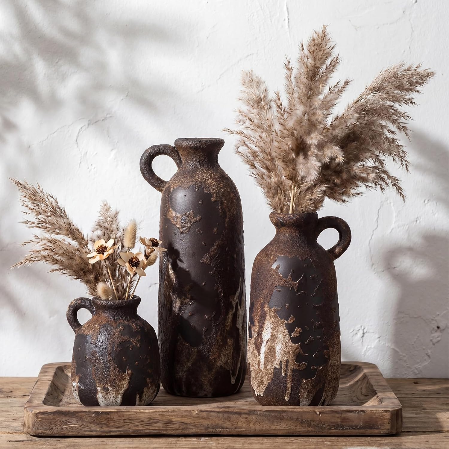 Yungyan Rustic Wabi-Sabi Ceramic Vases with Handle, Set of 3