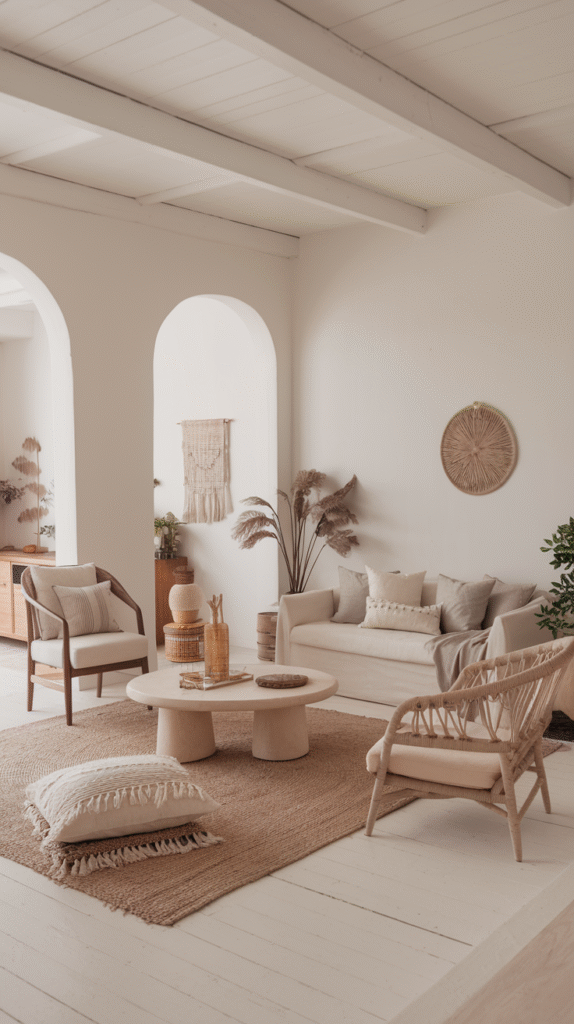 Consistent neutral base unifying rooms throughout the apartment