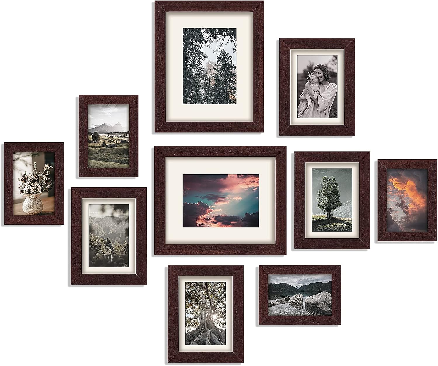 Rustic Wood Picture Frame Set, 10 Pack, Real Glass