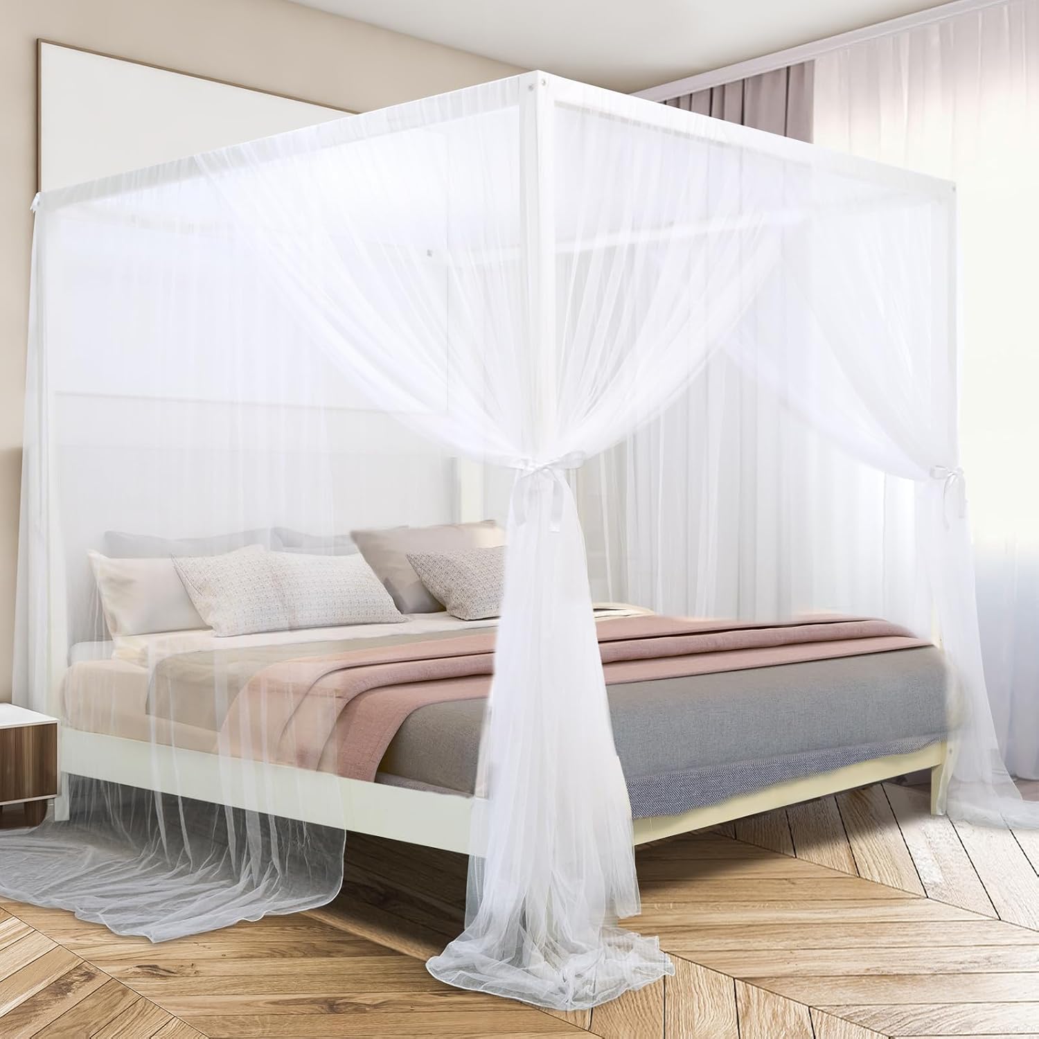South to East Canopy Bed Curtains for King/Queen Size Bed, White