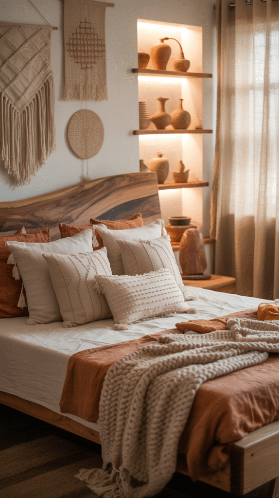 Handmade artisan decor pieces styled in a boho bedroom