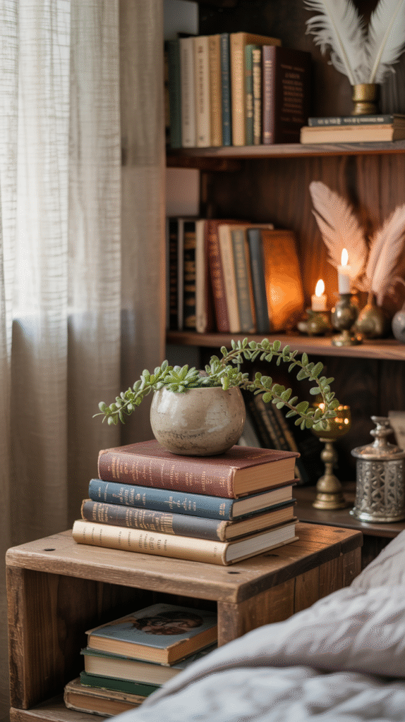 Books styled as decor alongside candles in a boho bedroom