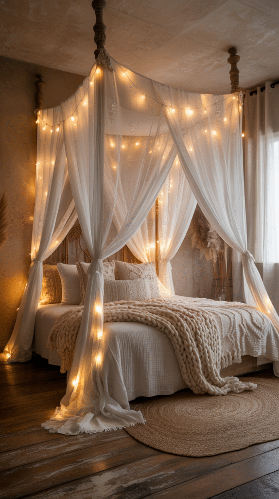 Canopy bed draped in sheer fabric in a boho bedroom