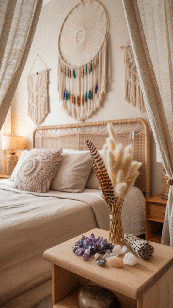 Dreamcatcher and crystal display styled in a boho bedroom