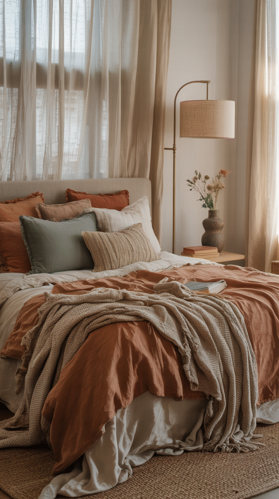 Boho bedroom styled in warm earth tones with brass accents