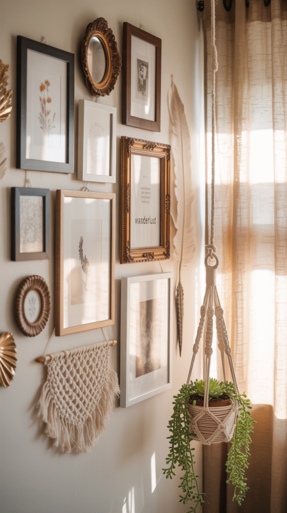 Eclectic gallery wall with mixed frames and woven decor in a boho bedroom
