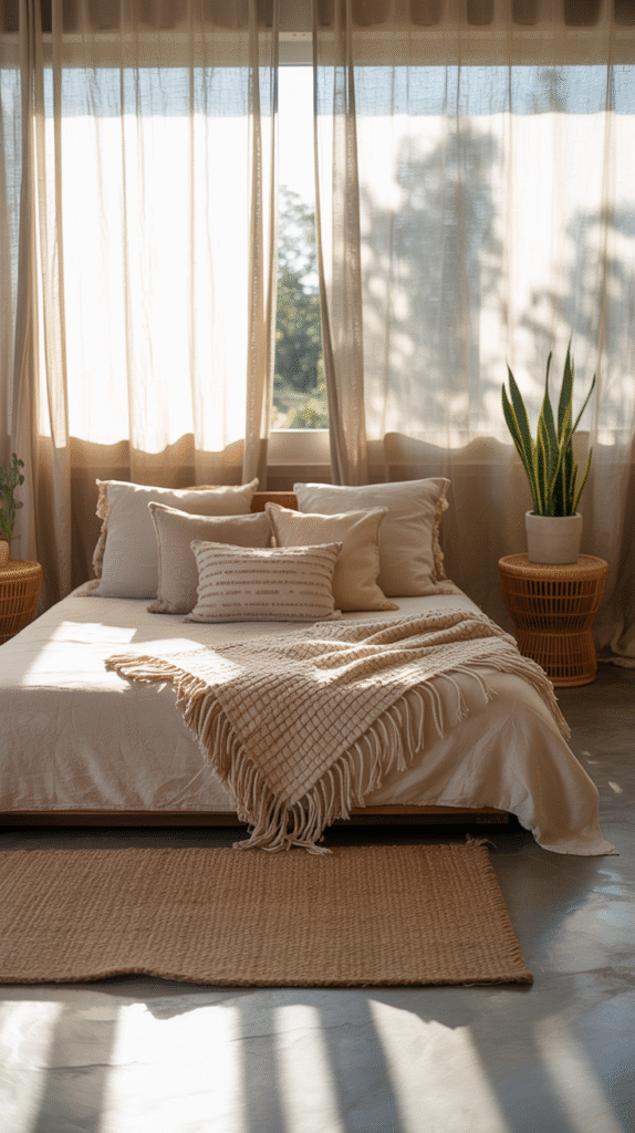 Low-profile platform bed styled in a boho bedroom