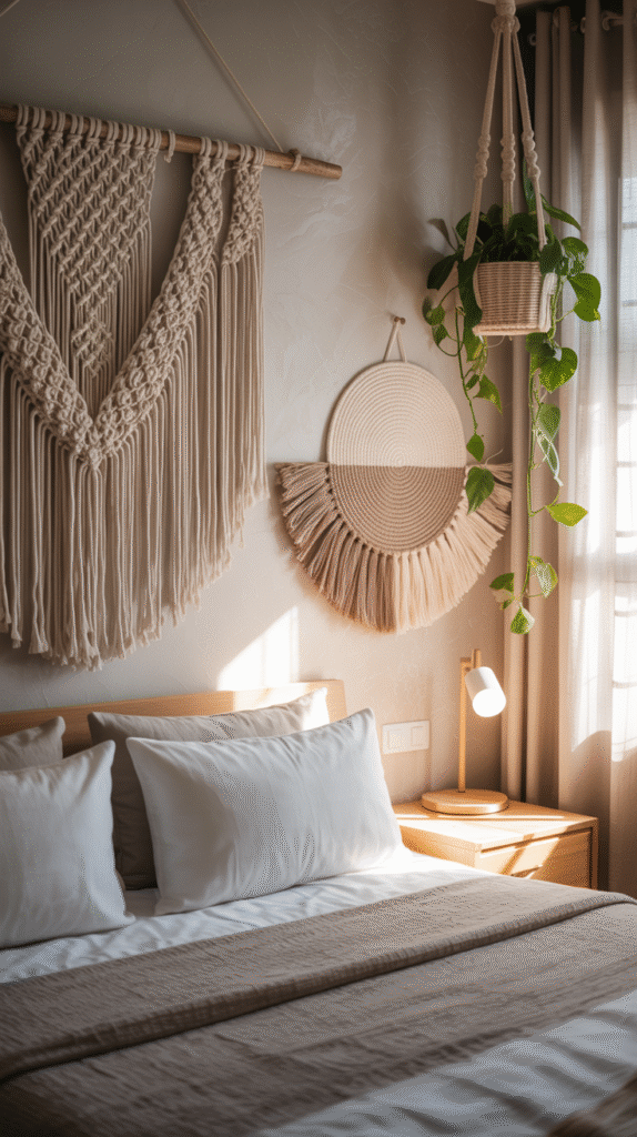 Macrame wall hanging and decor in a boho bedroom