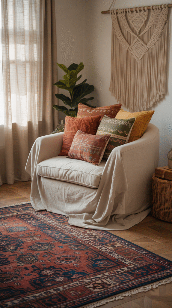 Bold patterned statement rug styled in a boho bedroom