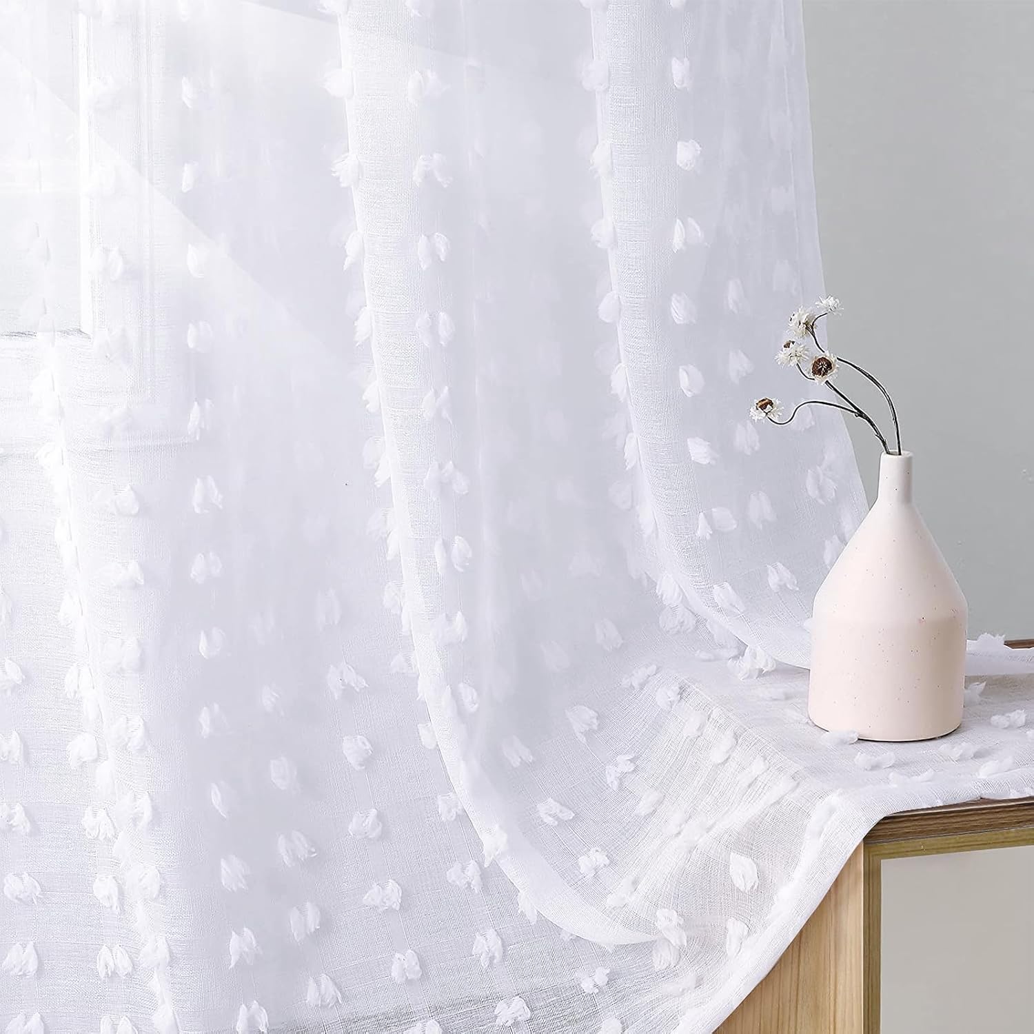 Guken Pom Pom Sheer Curtains, 84 Inch, White