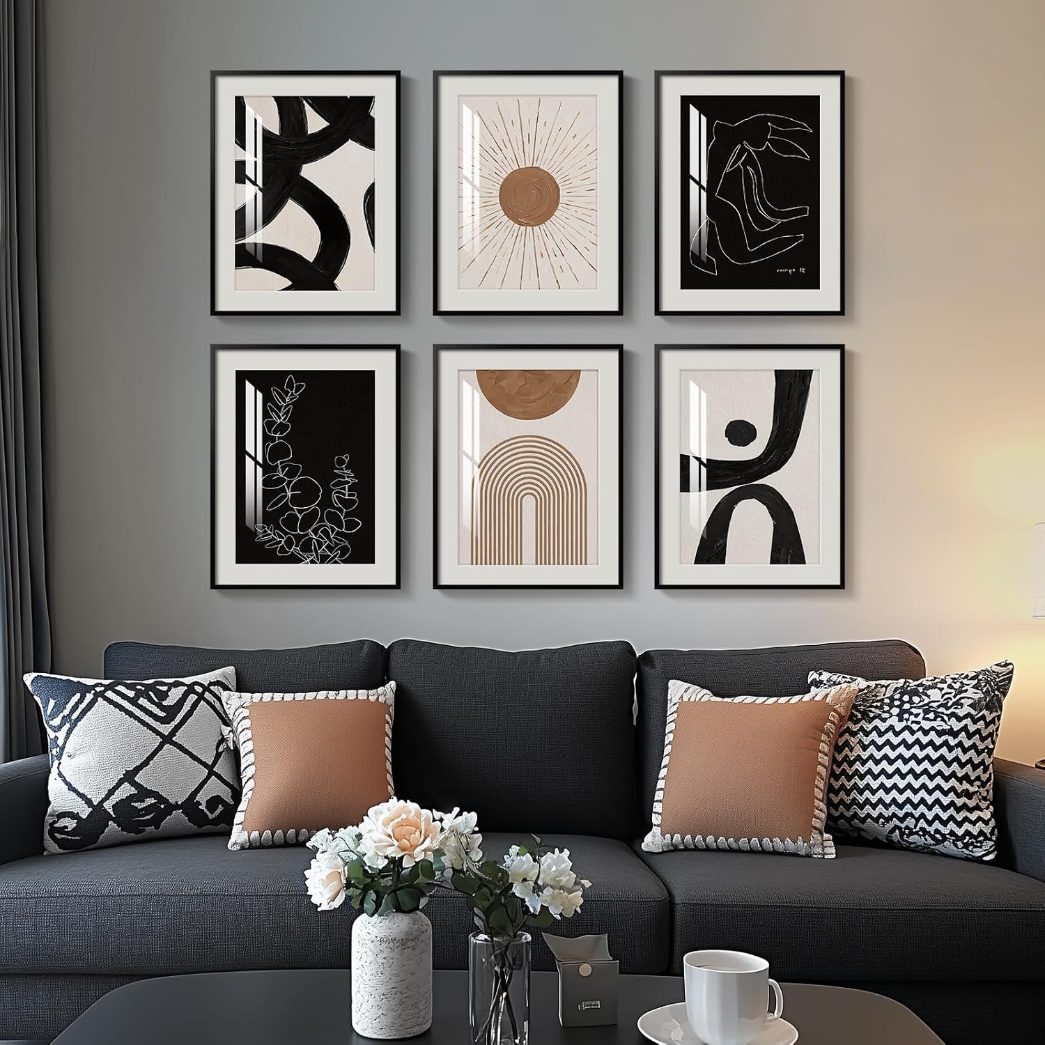 Framed Boho Black, White and Brown Abstract Wall Art