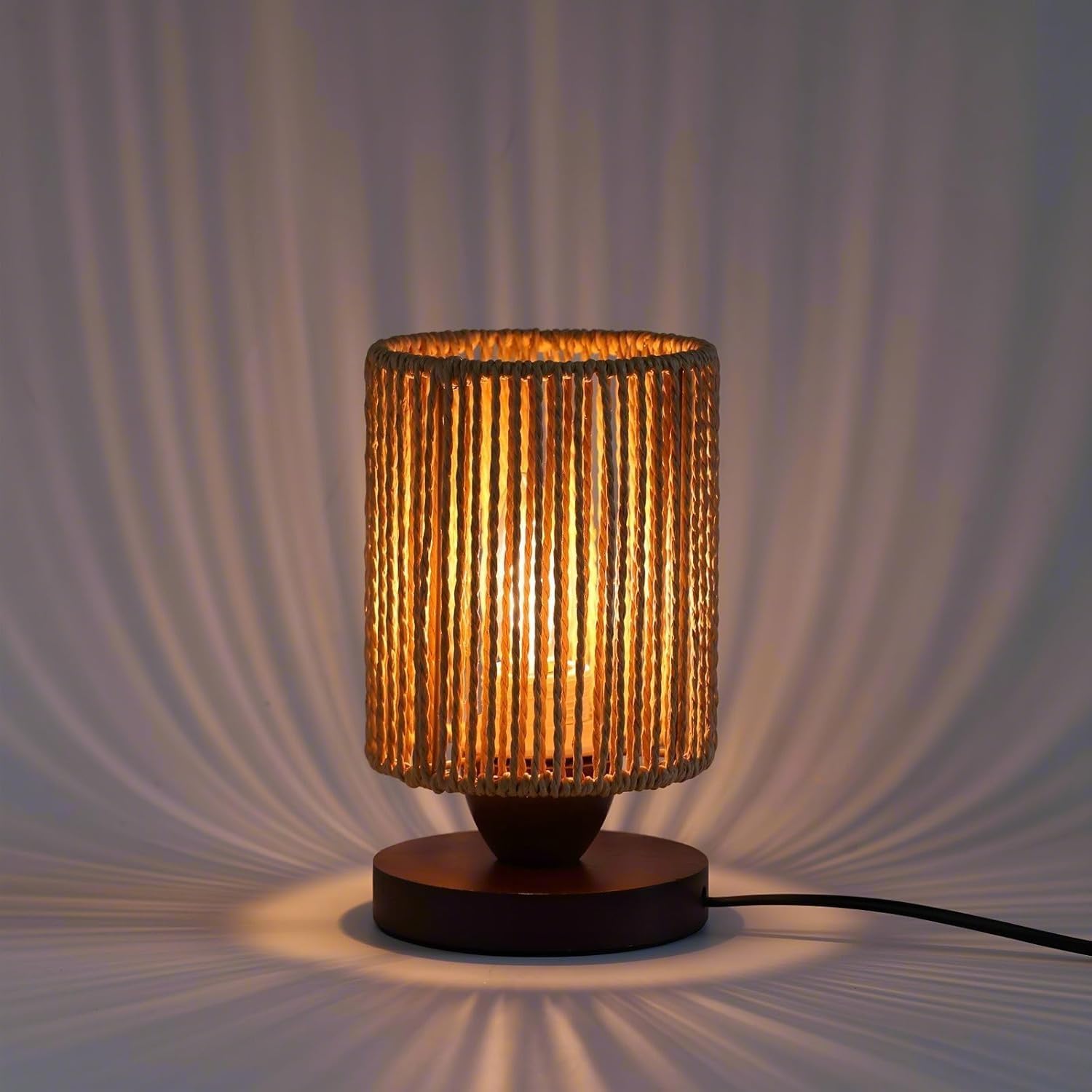 Small Rattan Table Lamp for Bedroom, Boho Bedside Lamp with Warm LED Bulb